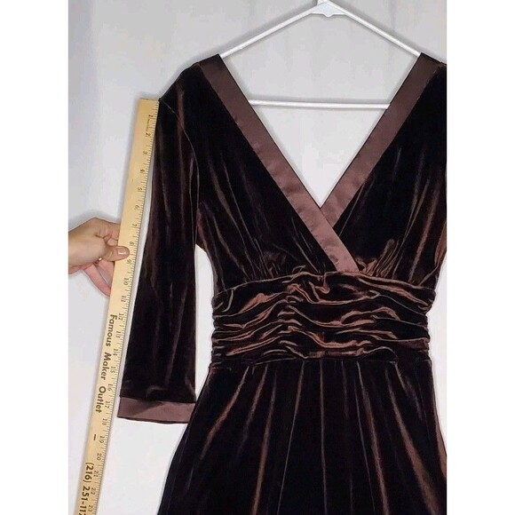 Sandra Darren Brown Velvet Empire Dress 10 Satin Trim V-Neck Romantic Old Money - Picture 9 of 11